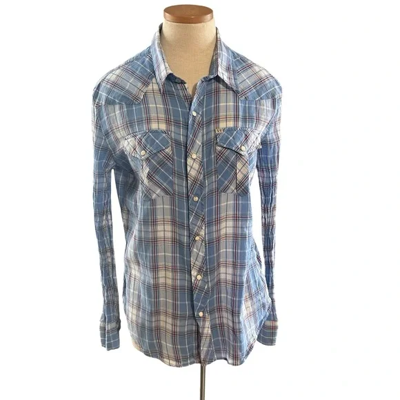 Salt Valley Western Plaid Snap Button Shirt Blue/Cream Long Sleeve Cotton Large - Picture 3 of 9